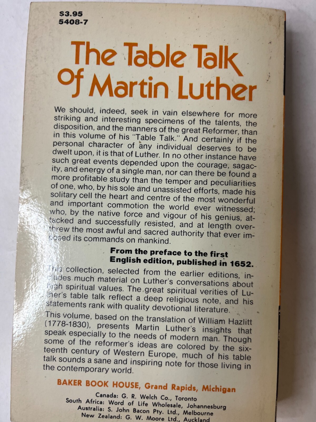 Table Talk of Martin Luther Paperback Martin Luther 1979