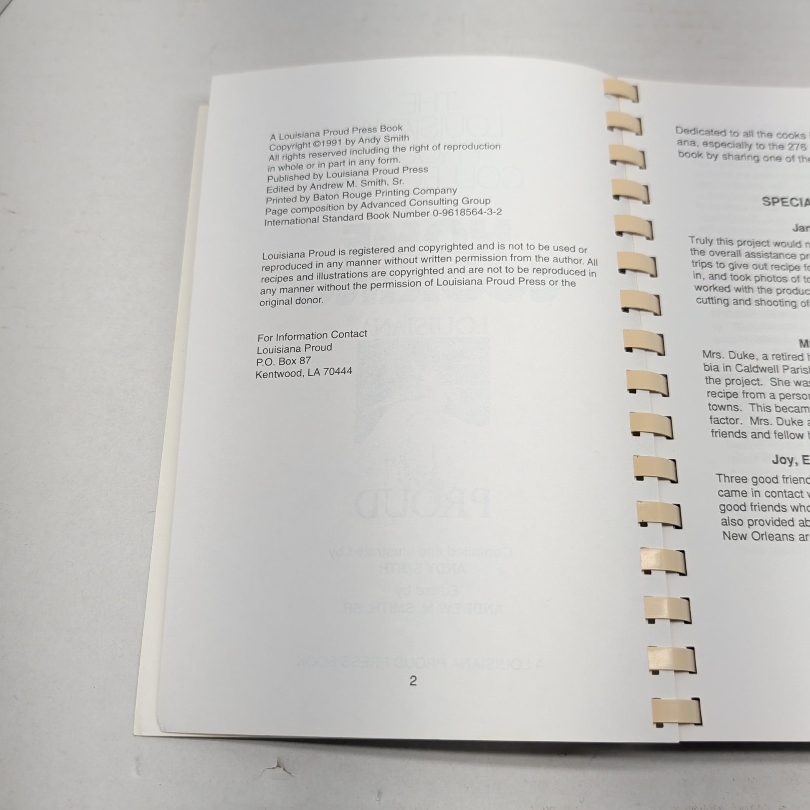 Louisiana Proud Collection of Home Cooking Cookbook Autographed Andy Smith 1991