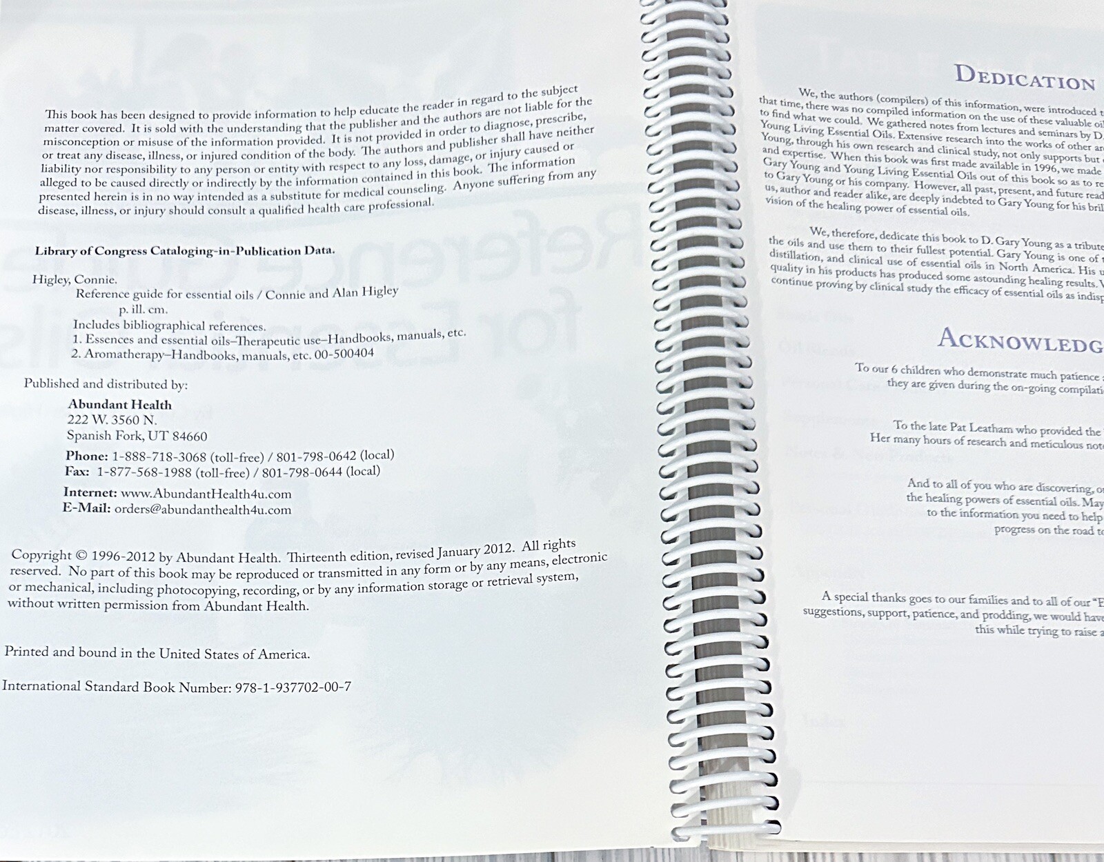 Reference Guide for Essential Oils 2012 SoftCover Connie & Alan Higley Spiral Bd