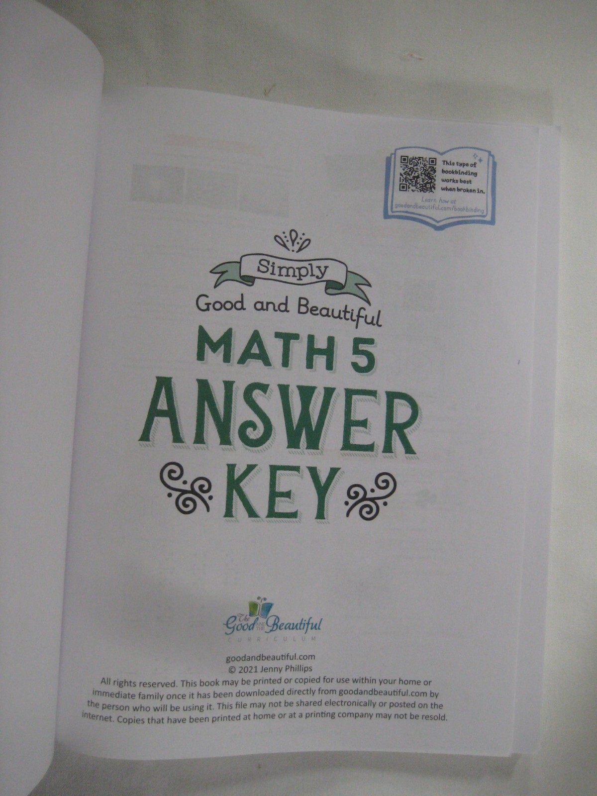 Book paperback Math 5 Answer Key Simply Good & Beautiful Curriculum 2021